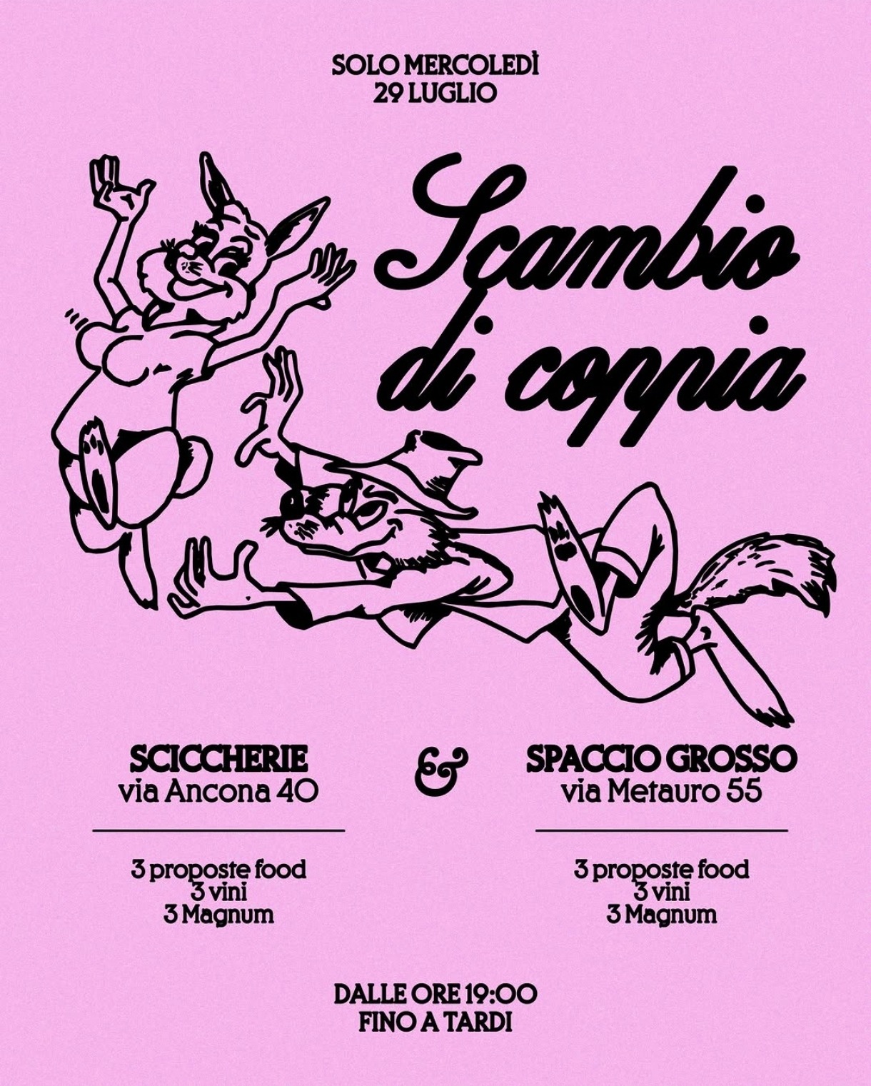 Locandina dello scambio di una sera tra Sciccherie e Spaccio Grosso, con gli indirizzi delle due sedi